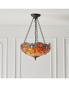 Dragonfly Medium Inverted Flame Tiffany Glass 3 Lights Ceiling Pendant Light In Dark Bronze