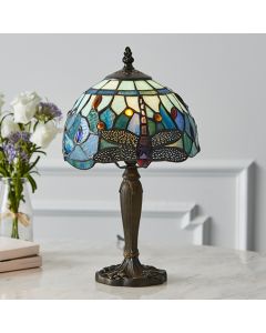 Dragonfly Mini Blue Tiffany Glass Table Lamp In Dark Bronze