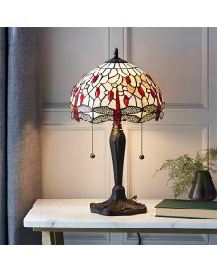 Dragonfly Small Beige Tiffany Glass Table Lamp In Dark Bronze