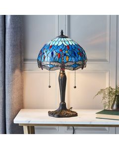 Dragonfly Small Blue Tiffany Glass Table Lamp In Dark Bronze