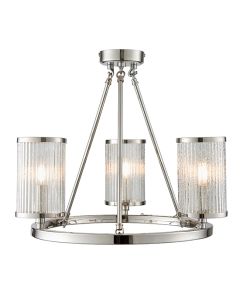 Easton 3 Lights Clear Ribbed Glass Semi Flush Ceiling Light In Bright Nickel