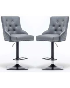 Elizabeth Round Knocker Grey Faux Leather Bar Chairs In Pair