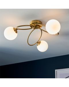 Ellipse Matt Opal Glass Shades 3 Lights Semi Flush Ceiling Light In Satin Brass