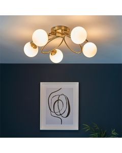 Ellipse Matt Opal Glass Shades 5 Lights Semi Flush Ceiling Light In Satin Brass