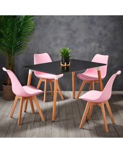 Fraser Wooden Dining Table In Black With 4 Louvre Baby Pink Chairs