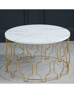 Grace Round Wooden Coffee Table In White Marble Effect