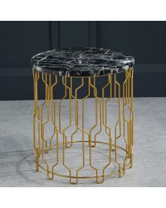 Grace Round Wooden End Table In Black Marble Effect