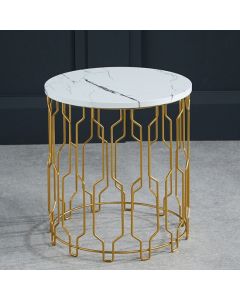 Grace Round Wooden End Table In White Marble Effect