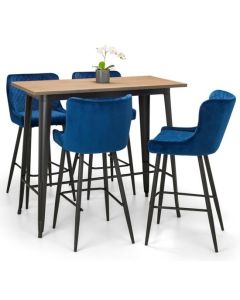 Grafton Bar Set In Mocha Elm With 4 Luxe Blue Velvet Bar Stools