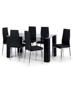 Greenwich Clear Glass Dining Table With 6 Black Faux Leather Chairs