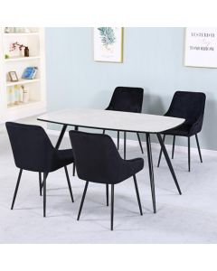 Handan Marble Effect Glass Dining Set With 4 Velvet Black Chairs