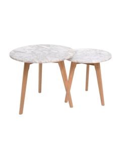 Harlow Round White Marble Nest Of Tables With Oak Legs