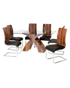 Holte Clear Glass Dining Set With Walnut Legs And 6 Chairs