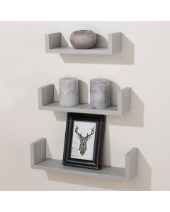 Hudson Wooden Set Of 3 Floating U Shape Wall Shelves In Light Grey