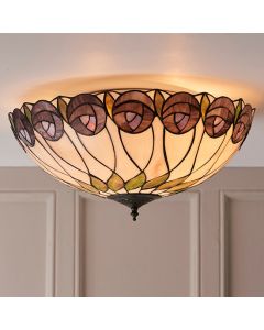 Hutchinson Large Tiffany Glass 2 Lights Flush Ceiling Light In Dark Bronze