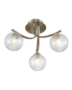 Kettlewell 3 Grooved Swirls Glass Globe Bulbs Flush Ceiling Light In Satin Nickel