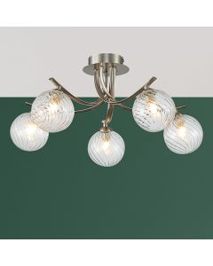 Kettlewell 5 Grooved Swirls Glass Globe Bulbs Flush Ceiling Light In Satin Nickel