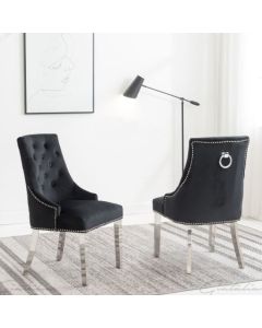 Knightsbridge Knocker Black Velvet Upholstered Dining Chairs In Pair
