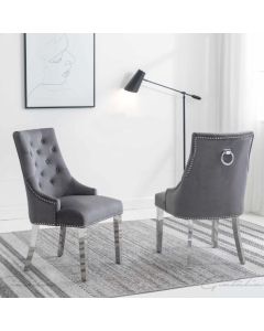 Knightsbridge Knocker Dark Grey Velvet Upholstered Dining Chairs In Pair