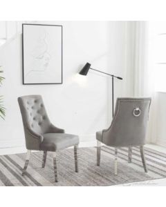 Knightsbridge Knocker Light Grey Velvet Upholstered Dining Chairs In Pair