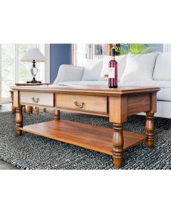 La Reine Wooden 2 Drawers Coffee Table In Distressed Light Brown