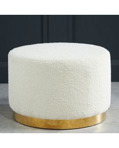 Lara Large Boucle Fabric Upholstered Pouffe In Ted White With Gold Base