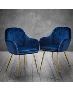 Lara Royal Blue Velvet Dining Chairs In Pair With Gold Legs