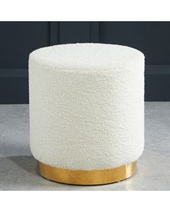 Lara Small Boucle Fabric Upholstered Pouffe In Ted White With Gold Base