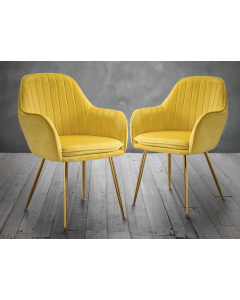 Lara Yellow Velvet Dining Chairs In Pair With Gold Legs
