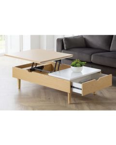 Latimer Lift-up Wooden Coffee Table In High Gloss White And Oak