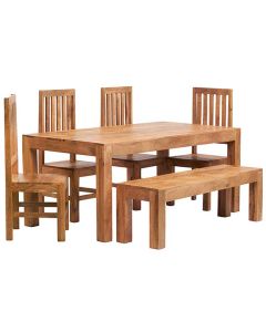 Toko Solid Mango Wood Dining Table With 4 Chairs And Bench In Light Mahogany