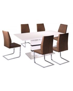 Leona Extending Dining Set In White High Gloss With 6 PU Brown Chairs