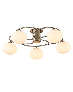 Leyburn 5 Opal Glass Globe Bulbs Flush Ceiling Light In Antique Brass