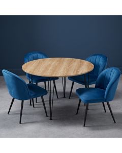 Liberty Round Wooden Dining Table In Oak With 4 Orla Blue Chairs