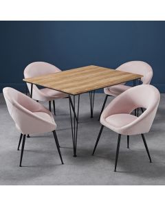 Liberty Small Wooden Dining Table In Oak With 4 Lulu Pink Chairs