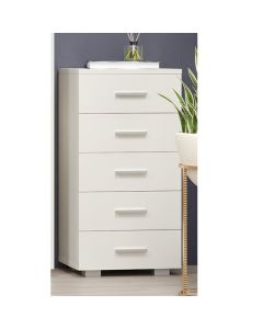 Lido Wooden Narrow Chest Of 5 Drawers In White High Gloss