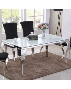 Liyana White Glass Dining Table With Chrome Metal Legs