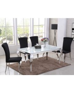Liyana White Glass Top Marble Dining Table With 4 Liyana Black Chairs