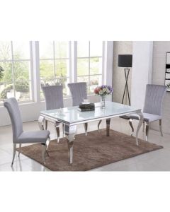 Liyana White Glass Top Marble Dining Table With 4 Liyana Grey Chairs