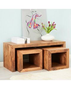 Toko Solid Mango Wood Set Of 3 Coffee Tables In Light Mahogany