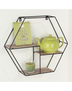 Loft Wooden Hexagonal Display Wall Shelf In Wood Effect