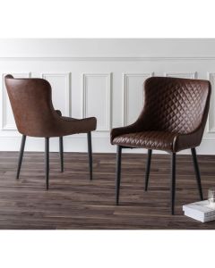 Luxe Brown Faux Leather Dining Chairs In Pair