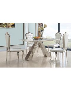 Madagascar Natural Stone Marble Dining Set With 4 White PU Chairs