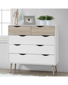 Mapleton Wooden Chest of Drawers In White And Oak With 5 Drawers