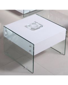 Marco Lamp Table In White High Gloss With Glass Sides And Drawer