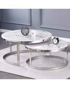 Margate Wooden Set Of 2 Coffee Tables In White Marble Effect