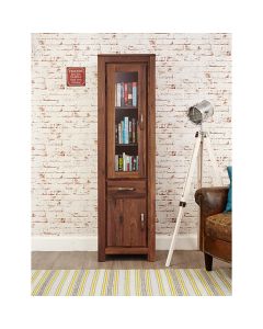 Mayan Narrow Wooden 2 Doors 1 Drawer Glazed Bookcase In Walnut