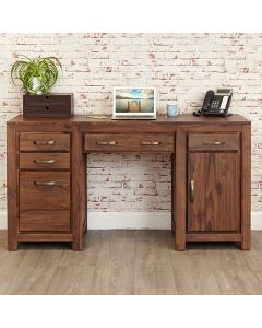 Mayan Wooden Twin Pedestal Computer Desk In Walnut