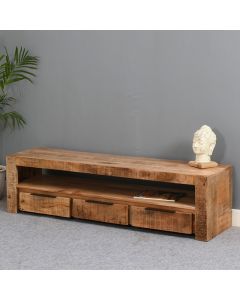 Surrey Solid Mango Wood Large TV Stand With 3 Drawers In Rough Swan