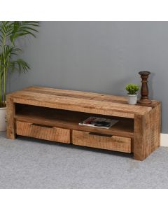 Surrey Solid Mango Wood Small TV Stand With 2 Drawers In Rough Swan